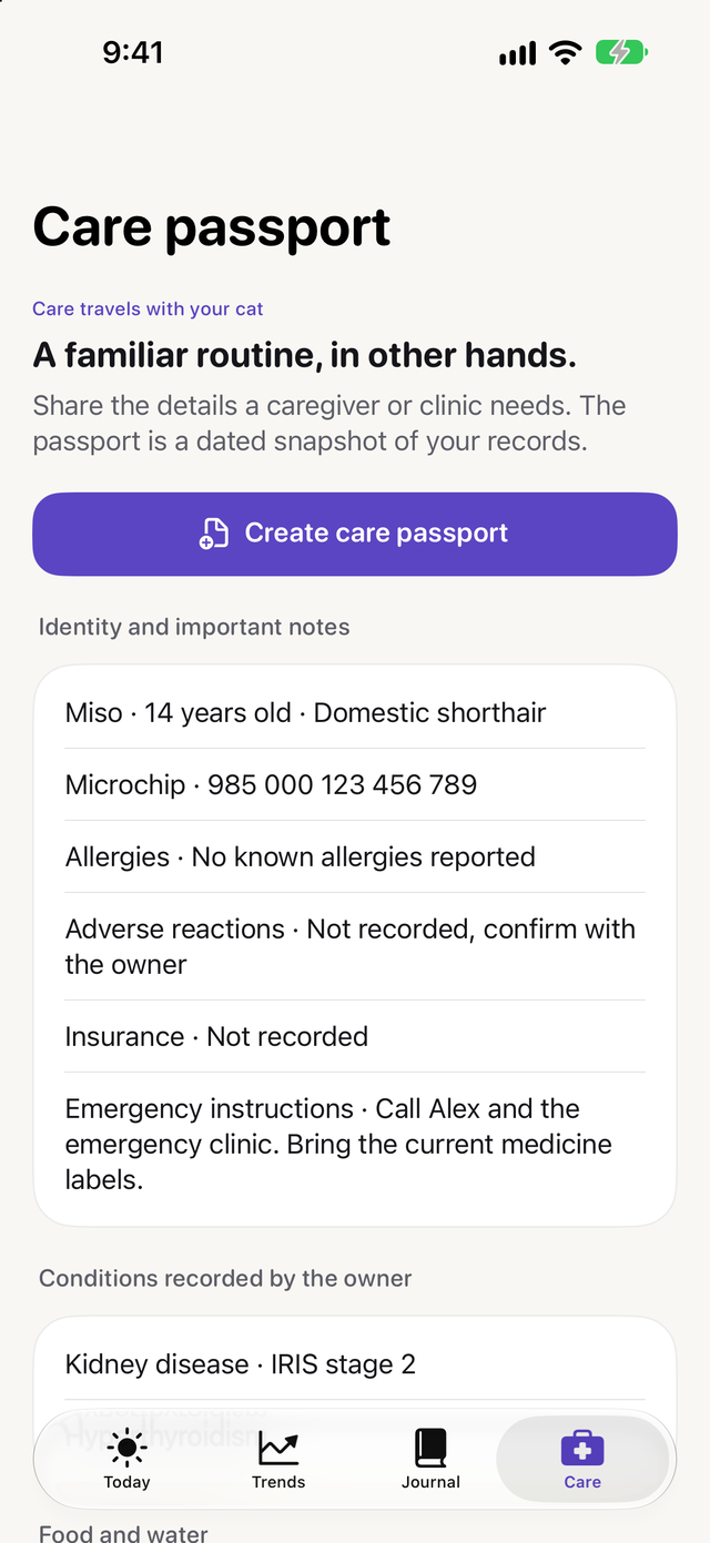 Care passport screen with identity, allergies, emergency instructions and conditions, below a Create care passport button