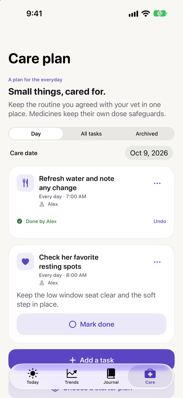 Care plan screen with daily tasks such as refreshing water, each showing its schedule and who completed it