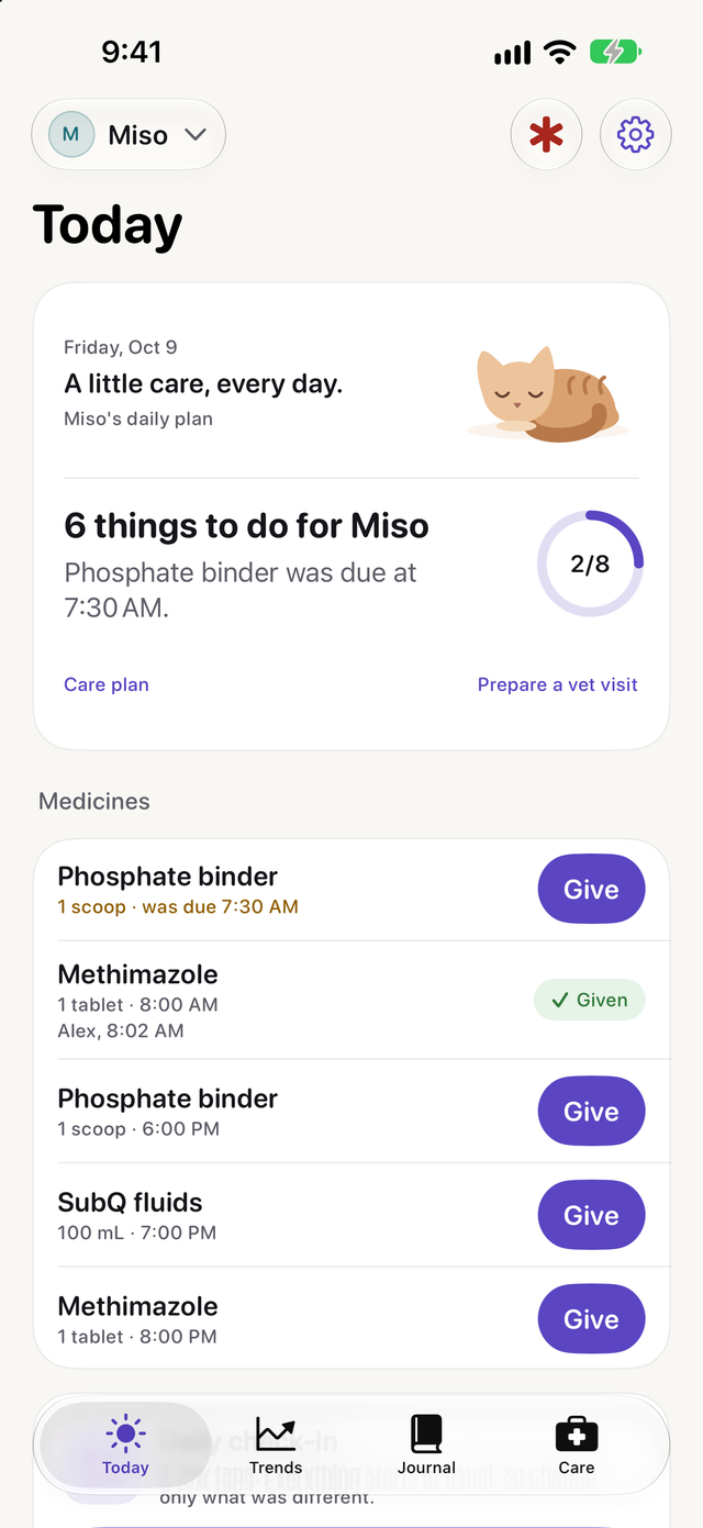 Healthier Cat Today screen for a cat named Miso, with six things to do, a phosphate binder dose that is due and a Give button beside each medicine